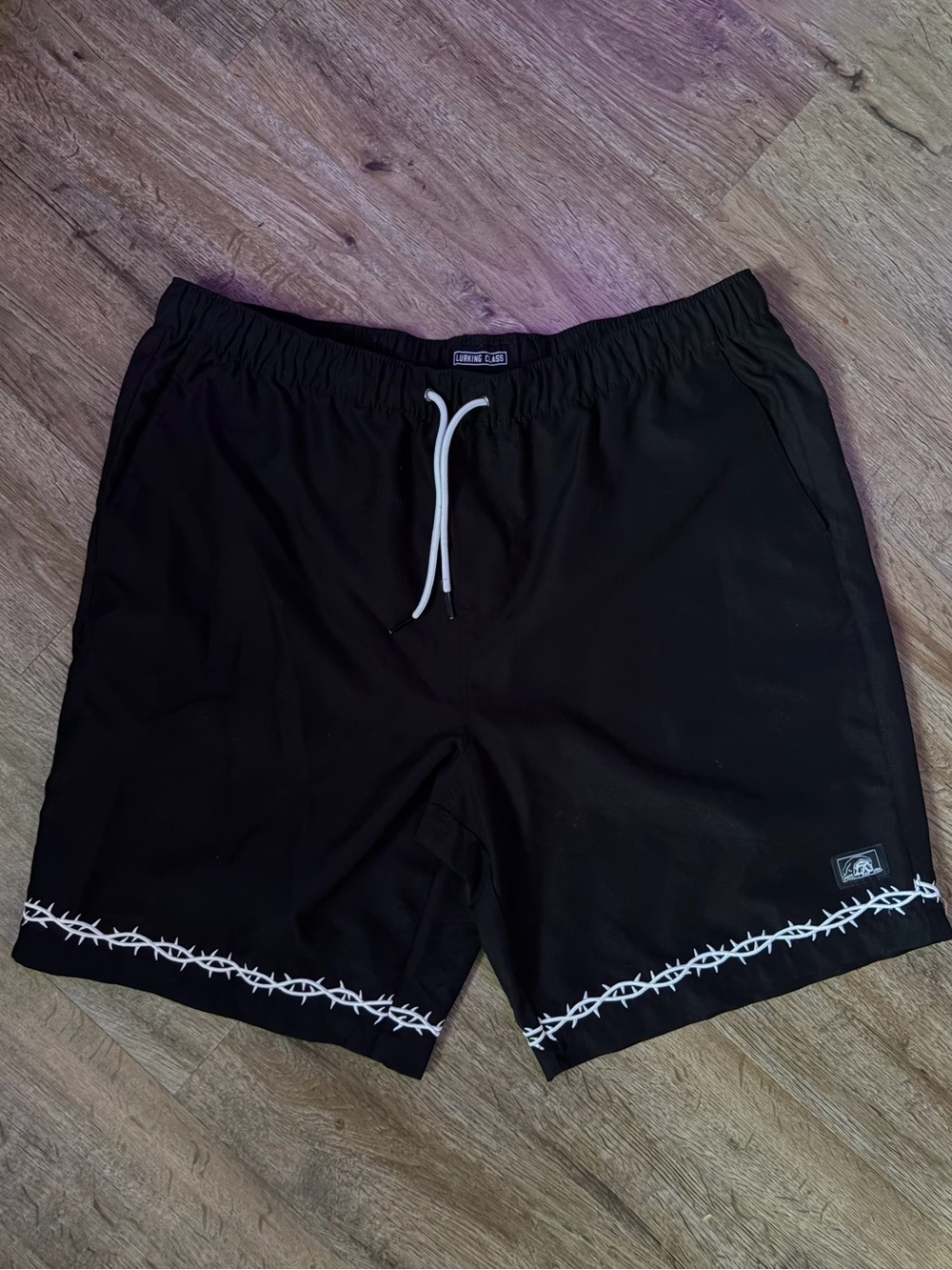 Sketchy Tank/Lurking Class Black Swim/Board Shorts with White Barbed Wire Trim
